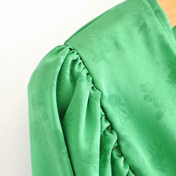 Aachoae Derliaus Minkšto Satino Žalia Varčias Mini Suknelė Moterims Sluoksniuotos ilgomis Rankovėmis Gėlių Spausdinti Suknelės, Stilingas V-Kaklo-line Šalis Suknelė
