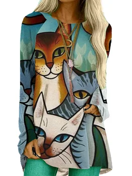 Elegantiškas Animaciją Kačių Spausdinti Moterų Atsitiktinis Viršų Rudenį Laisvi O-Kaklo, ilgomis Rankovėmis Plius Dydis T-shirt Harajuku Mados Gyvūnų Lady Street
