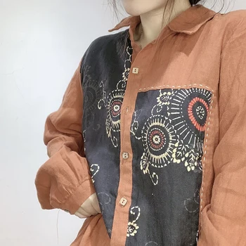 Max LuLu Korėjos Mados Pavasario Streetwear Moterų Lino Atspausdinta Marškinėliai Ponios Derliaus Ilgomis Rankovėmis Palaidinės Atsitiktinis Viršūnes Plius Dydis