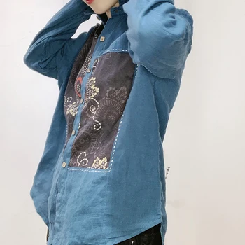 Max LuLu Korėjos Mados Pavasario Streetwear Moterų Lino Atspausdinta Marškinėliai Ponios Derliaus Ilgomis Rankovėmis Palaidinės Atsitiktinis Viršūnes Plius Dydis