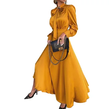 2020 M. Rudenį Ilgomis Rankovėmis Šalis Suknelės Moterims, Geltona Elegantiškas Lankas Juoda Moteris Ilga Suknelė Plonas Elegantiškas Marškinėliai Vintage Suknelė Vestido