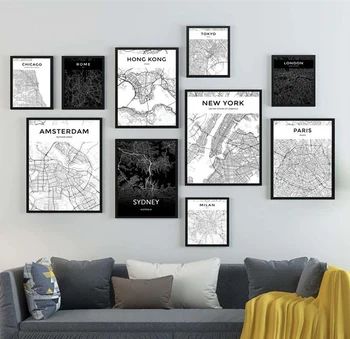 Custom Londone, Paryžiuje, niujorke, Plakatai Romos Žemėlapis Juoda ir Balta Menas Abstraktus Pasaulis Miesto Žemėlapį Šiaurės Spaudinių Sienos Meno Tapybos Drobės