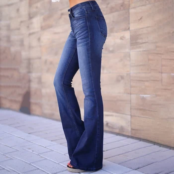 Klasikinis Moterų Džinsinio Džinsus Ilgas Plonas Flare Džinsai Elegantiškas Atsitiktinis Streetwear Moterų Kelnes, Mėlyną Užtrauktukas Vidurio Juosmens Femme Ziajać D30