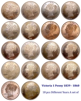 Didžiosios Britanijos Victoria 1 Penny 1839 - 1860 18 vnt. Skirtingų Metų rinkinys, Raudona, Vario Monetos Kopija