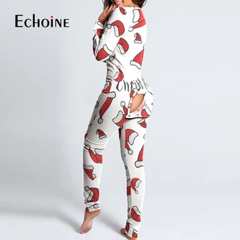 Echoine pavasarį, Rudenį moterų Sexy Mygtuką atvira tarpkojo Suaugusiųjų Onesies Long Sleeve V-kaklo Kalėdų Pajama Romper Jumpsuit naktiniai drabužiai