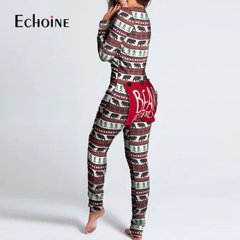 Echoine pavasarį, Rudenį moterų Sexy Mygtuką atvira tarpkojo Suaugusiųjų Onesies Long Sleeve V-kaklo Kalėdų Pajama Romper Jumpsuit naktiniai drabužiai