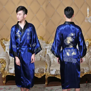 Juoda/BurgudyReversible Du Akį Naujasis Kinijos Vyrų Šilko, Satino Chalatas, Siuvinėti Dragon Chalatas Kimono Suknelė Sleepwear Vienas Dydis 1307
