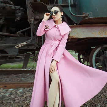 Nauja Rudens Žiemos Moterys Paltas-line Slim Pink Kietos Sąvaros dvieiliai Elegantiškas Ilgas Mados Šiltas Tranšėjos Paltai Outwears