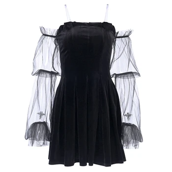InsDoit Harajuku Vintage Black Off Pečių Mini Suknelė Gotikos Akių Kratinys Ilgio Sluoksniuotos Rankovėmis Suknelės Moterims Seksualus Klubas Suknelės