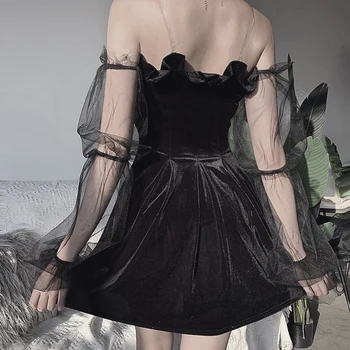 InsDoit Harajuku Vintage Black Off Pečių Mini Suknelė Gotikos Akių Kratinys Ilgio Sluoksniuotos Rankovėmis Suknelės Moterims Seksualus Klubas Suknelės