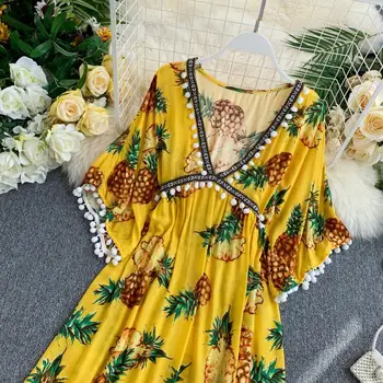 2020 naujas Vasaros mados moterų suknelės boho Beach holiday beach moteriškas V-kaklo, ananasų spausdinti dekoratyvinis suknelė