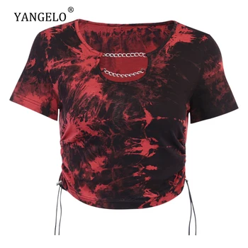 Yangelo Tuščiaviduriai Iš T-marškinėliai Moterims Harajuku Gotikos Raudonas Ir Juodas Kaklaraištis Dažų Grandinėje Trumpas Rankovės Raišteliu Tshirts Moterų Atsitiktinis Viršūnės