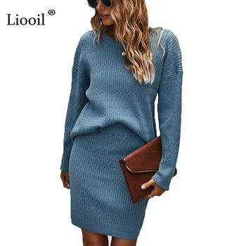 Liooil Megztas Dviejų Dalių Rinkiniai Moterims Komplektus Megztinis Ir Kelnės 2020 Long Sleeve Top Ponios Rudens Žiemos Drabužių Mėlyna Trikotažas