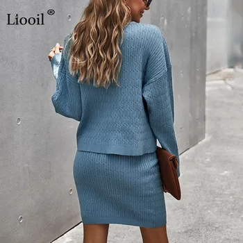 Liooil Megztas Dviejų Dalių Rinkiniai Moterims Komplektus Megztinis Ir Kelnės 2020 Long Sleeve Top Ponios Rudens Žiemos Drabužių Mėlyna Trikotažas
