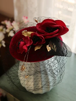 2020 M. Prancūzų Stiliaus Moteris Mini Fascinator Skrybėlę, Plaukų Segtukai Derliaus Vyną Raudona Gėlė, Granulių Veido Šydas Šukuosena Vestuves Galvos Apdangalai