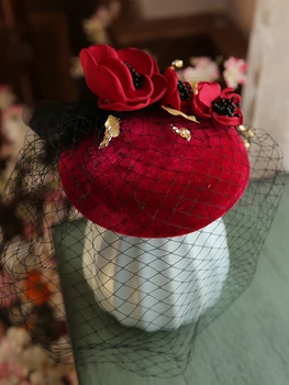 2020 M. Prancūzų Stiliaus Moteris Mini Fascinator Skrybėlę, Plaukų Segtukai Derliaus Vyną Raudona Gėlė, Granulių Veido Šydas Šukuosena Vestuves Galvos Apdangalai