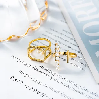 2020 Madinga Stiliaus Cirkonis Atidaryti Žiedas Moterų, Imituojant Pearl Geometrinis Žiedai Mados Žalvario Papuošalai Didmeninė