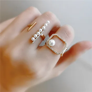 2020 Madinga Stiliaus Cirkonis Atidaryti Žiedas Moterų, Imituojant Pearl Geometrinis Žiedai Mados Žalvario Papuošalai Didmeninė