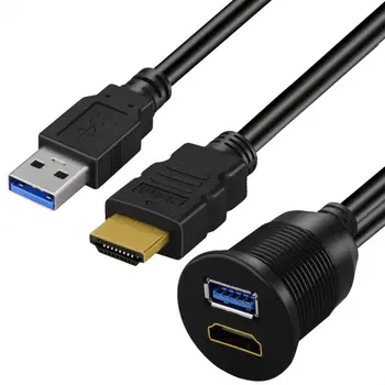 USB 3.0 & HDMI į HDMI + USB3.0 AUX Pratęsimo Dash Skydelis Vandeniui Automobilių Flush Mount Kabelis Automobilio, laivo ir Motociklo - 3ft
