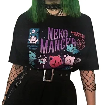 Harajuku T-Shirt Moterims Cute Kačių Estetinės Grunge Tee Black Unisex Gotikos Raganavimas Katė Ragana Marškinėliai Tumblr