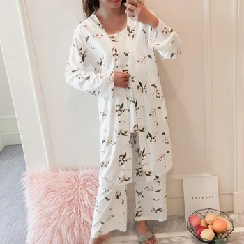 3 Dalių Komplektas Pižama Vasarą Moterys Sleepwear Rinkiniai Gėlių Spausdinti Pižama Nustatyti Viršaus Ir Kelnės Moteriška Naktį Kostiumas Nustatyti Moterų Sleepwear