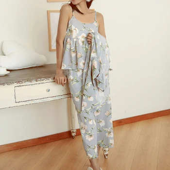 3 Dalių Komplektas Pižama Vasarą Moterys Sleepwear Rinkiniai Gėlių Spausdinti Pižama Nustatyti Viršaus Ir Kelnės Moteriška Naktį Kostiumas Nustatyti Moterų Sleepwear