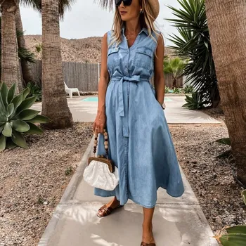Mados safari suknelė 2020 Mėlyna džinsinio marškinėliai suknelė Moterų berankovis turn-žemyn apykaklės dvigubo kišenėje mygtuką aukštyn suknelė su varčias