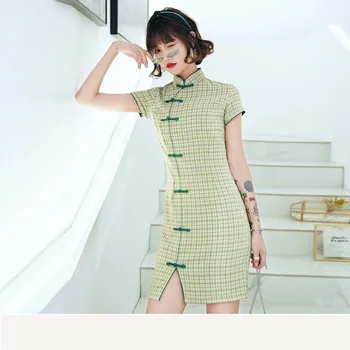 2020 Naujas Cheongsam Suknelė Žalia Moterų Medvilnės Slim Qipao Mados Languota Suknelė Šalis Trumpos Suknelės