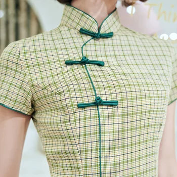 2020 Naujas Cheongsam Suknelė Žalia Moterų Medvilnės Slim Qipao Mados Languota Suknelė Šalis Trumpos Suknelės
