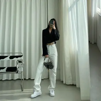 Korėjos Mados Balti Džinsai Moterų 2020 M. Aukštos Juosmens Ilgio Džinsai Streetwear Moterų Kelnės Tiesios Kelnės Džinsinio audinio Kelnės Džinsai Mama