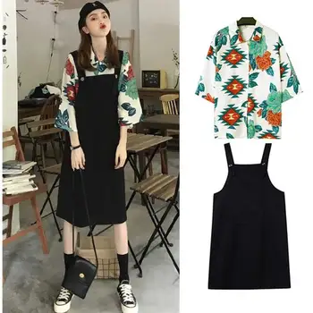 S-4XL 2 dalių rinkinys moterims korėjos stiliaus vasaros komplektus gėlių marškinėliai + juoda liemenė suknelė viršūnes ir sijonas nustatyti plius dydis drabužių rinkinys