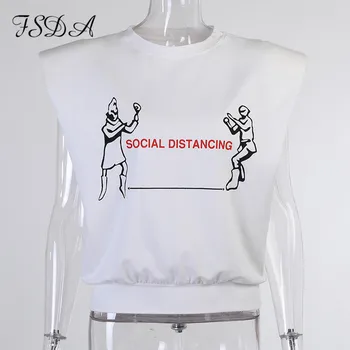 FSDA 2021 Laiškas Spausdinti Pasėlių Viršuje Moterų Berankovis Su Peties Pagalvėlės Vasarą Baltas O Kaklo Atsitiktinis T Shirts Y2K Mados Basic Tee