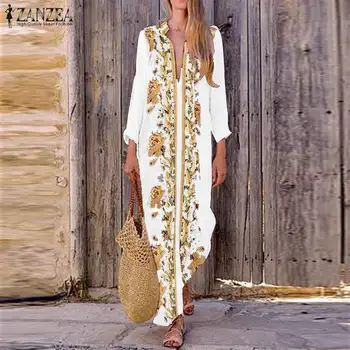 2021 ZANZEA Bohemijos Spausdinti Maxi Suknelė Moterų Vasarą V Kaklo Sundress Padalinta Ilgai Vestidos Moterų Derliaus Gėlių DressPlus Dydis