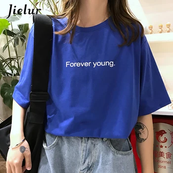 Jielur T-shirt Moterims, Harajuku Prarasti Atsitiktinis Amžinai Jaunas Raidžių Marškinėliai Vasaros Hipster korėjos Street Pagrindinio Tshirts Violetinė Mėlyna