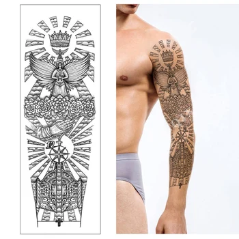 Laikina tatuiruotė lipdukas, Pilnas ginklų Flash Juodos Tatuiruotės Rankovės watercolour Gėlės veidus tigrai netikrą tatuiruotę, Vyrams ir Moterims