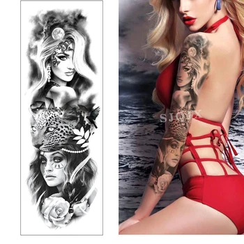 Laikina tatuiruotė lipdukas, Pilnas ginklų Flash Juodos Tatuiruotės Rankovės watercolour Gėlės veidus tigrai netikrą tatuiruotę, Vyrams ir Moterims