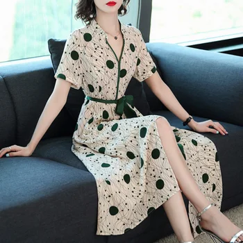 2021 naujas Vasaros Moterų Europos, Amerikos Mados Temperamentas Spausdinti Ilgas Šilko Suknelė Vintage Prarasti V-kaklo Varčias Plus Size Vestidos