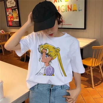 Sailor Moon Marškinėliai Harajuku Moterys, Print T-shirt Saldus Ullzang Marškinėlius Kawaii Moterų trumpomis Rankovėmis marškinėliai grafinis Vasaros Top Tees