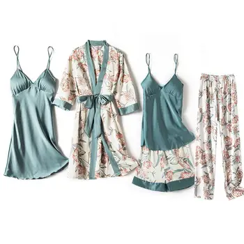 Spausdinti Gėlių Sleepwear Seksualus 5VNT Miego Rinkinys Moterims Satino Nighty&Chalatas Kimono Kostiumas Chalatas Suknelė Intymus apatinis Trikotažas Naujas Homewear