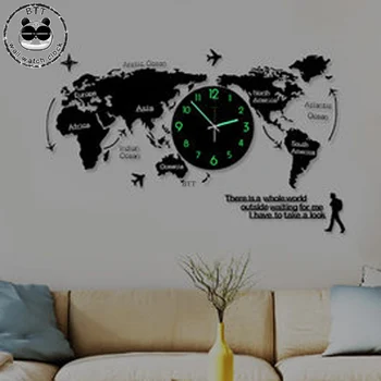 Didelis Pasaulio Žemėlapis Sieninis Laikrodis Modernus Dizainas, 3D Lipdukai Kabo Laikrodis Spindinčią Tamsoje Unikalus Žiūrėti Sieninius Laikrodžius ant Sienos