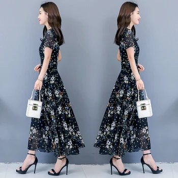 Plius dydis Moterų Suknelė 2019 m. vasarą trumpomis rankovėmis Gėlių Spausdinti Derliaus Šifono Europos Stilius, Plonas Juosmens Linijos, plisuotos ilgai Dresse