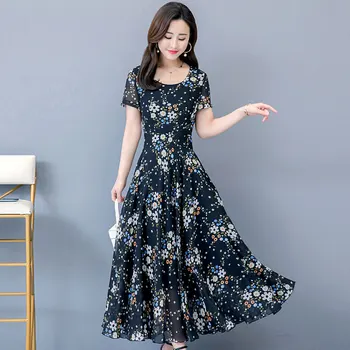 Plius dydis Moterų Suknelė 2019 m. vasarą trumpomis rankovėmis Gėlių Spausdinti Derliaus Šifono Europos Stilius, Plonas Juosmens Linijos, plisuotos ilgai Dresse