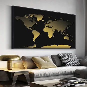 Abstrakti Pasaulio Žemėlapyje Tapybos Drobės Juoda Aukso Pasaulio Žemėlapis Spausdinimo Ant Drobės 