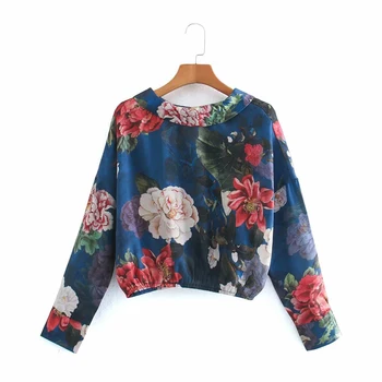 ZA 2020 Nauja Mada Moterims Gėlių spausdinti Trumpą šifono marškinėliai Turn-žemyn Apykaklės Palaidinės Ilgos Šifono Rankovės Marškinėliai Atsitiktinis Palaidų Viršūnės