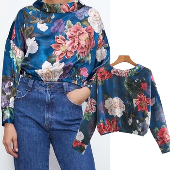 ZA 2020 Nauja Mada Moterims Gėlių spausdinti Trumpą šifono marškinėliai Turn-žemyn Apykaklės Palaidinės Ilgos Šifono Rankovės Marškinėliai Atsitiktinis Palaidų Viršūnės