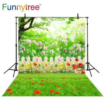 Funnytree fotografijos backdrops žalia veja pavasarį medis, tvora, gėlės spalvinga kiaušiniai naujagimiui velykų fone photophone