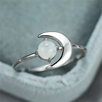 Mielas Moterų Nekilnojamojo Mažas Natūralus Mėnulio Akmuo Žiedas 925 Sterlingas Sidabro Meilės Vestuvinis Žiedas Derliaus Mėnulis Apvalus Žiedai Moterims
