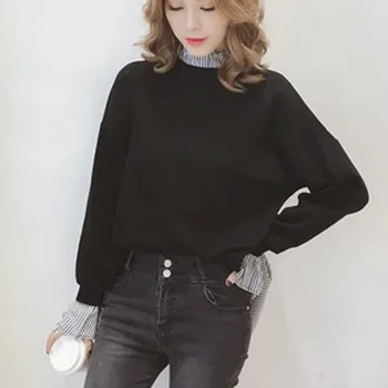 Korėjos Dryžuotas Medvilnės Palaidinės, Marškinėliai Moterims Topai Lady Atsitiktinis Ilgomis Rankovėmis Palaidinė Saldus Jungimo Antgaliai, Skirti Ponios Drabužiai Plius Dydis