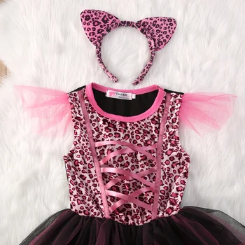 Vaikai mergina violetinė Leopardo dizaino cosplay kostiumas vaikams halloween party gyvūnų Pėdsaką spausdinti tutu suknelė su lankelis 2vnt