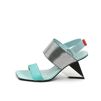 Natūralios odos maišyti spalvas peep toe 7.5 cm unikalus aukštakulnius moterys sandalai prekės ženklo batai vasaros HL206 MUYISEXI